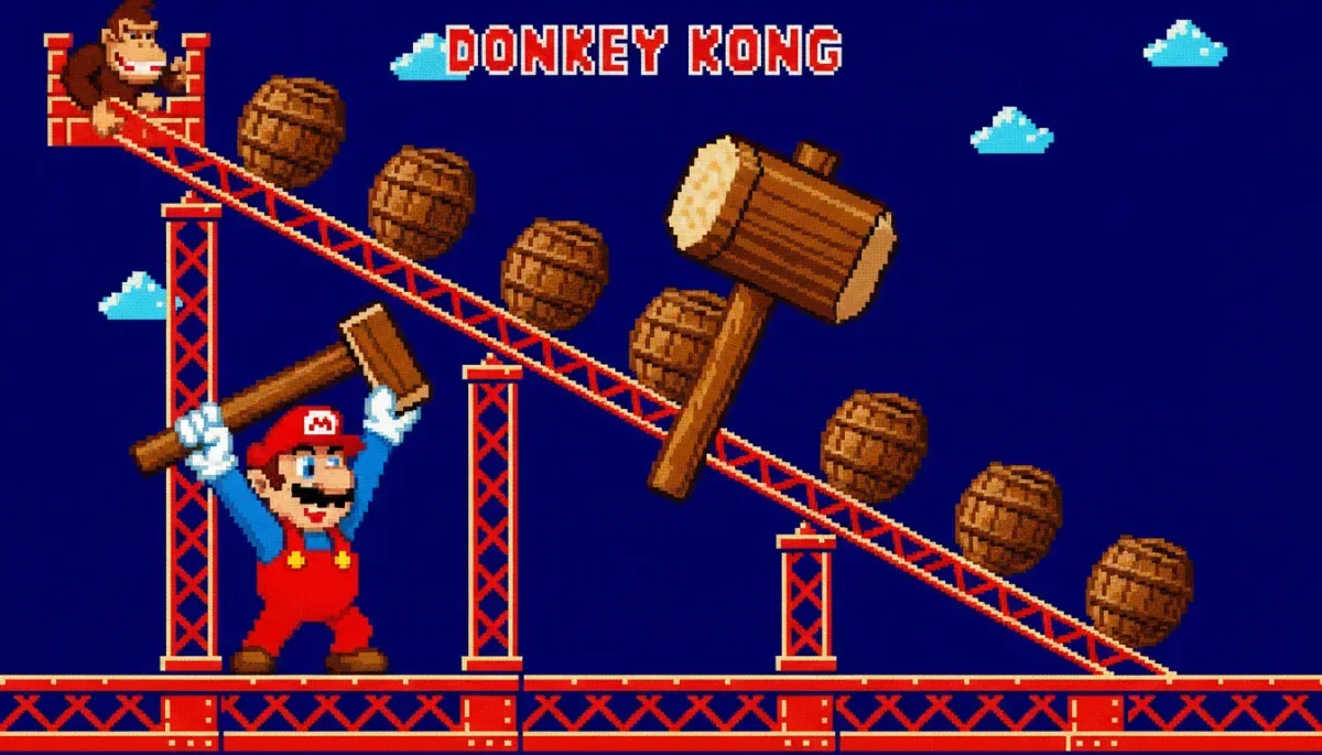 Super Mario clássico segurando uma grande marreta de madeira em um cenário de Donkey Kong