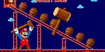 Super Mario clássico segurando uma grande marreta de madeira em um cenário de Donkey Kong
