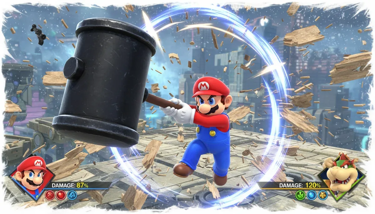 Mario usando uma enorme marreta de duas mãos em um jogo de luta moderno