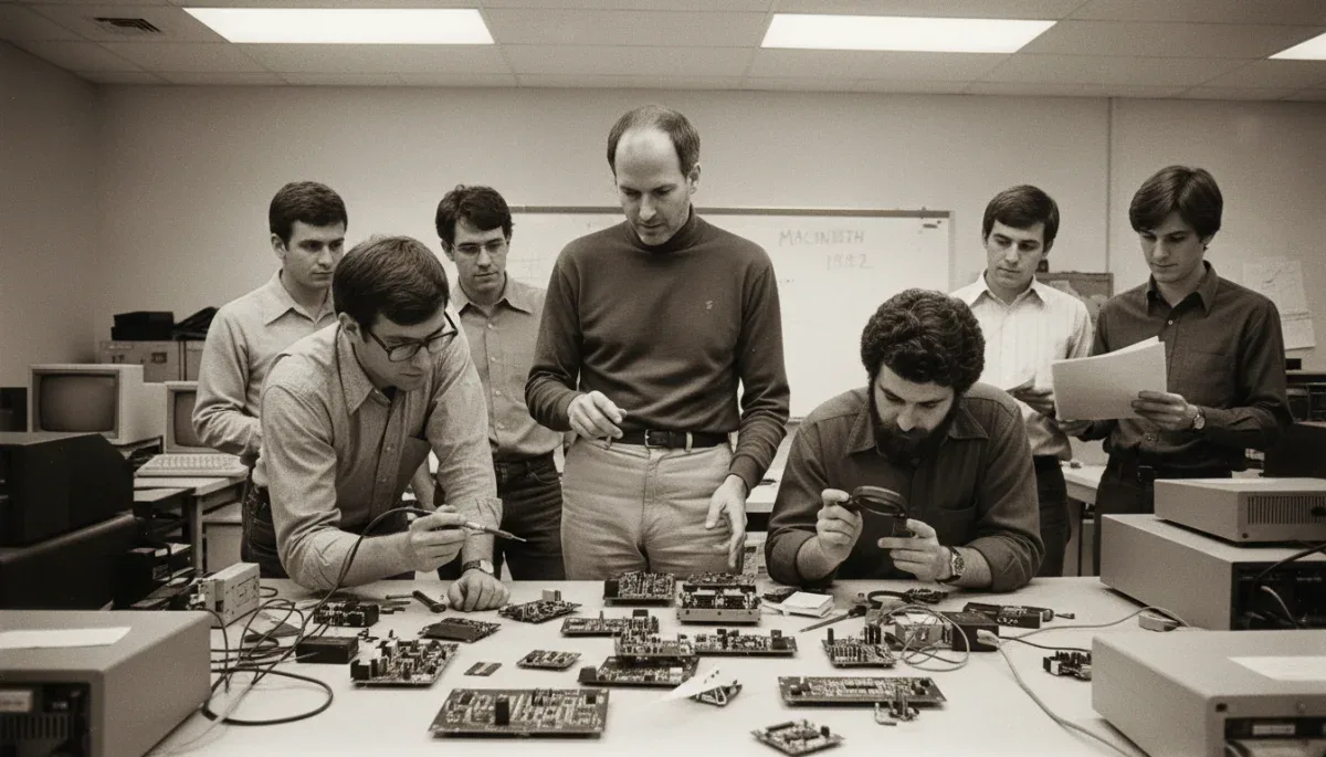 Membros da equipe de engenharia do Macintosh de 1982 reunidos em laboratório de desenvolvimento.