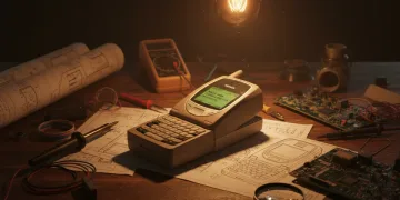 Protótipo de celular antigo da Motorola de 1996 sobre uma mesa de engenharia com projetos técnicos ao fundo.
