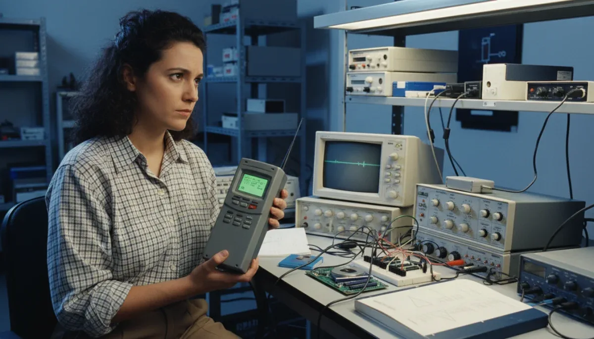 Engenheiro dos anos 90 segurando um protótipo de celular pesado em um laboratório de testes eletrônicos.