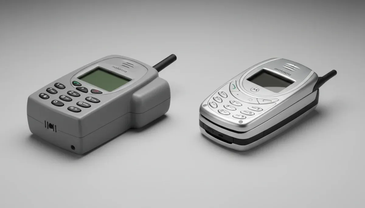 Comparação entre um protótipo de celular pesado e o compacto Motorola StarTAC dobrável.