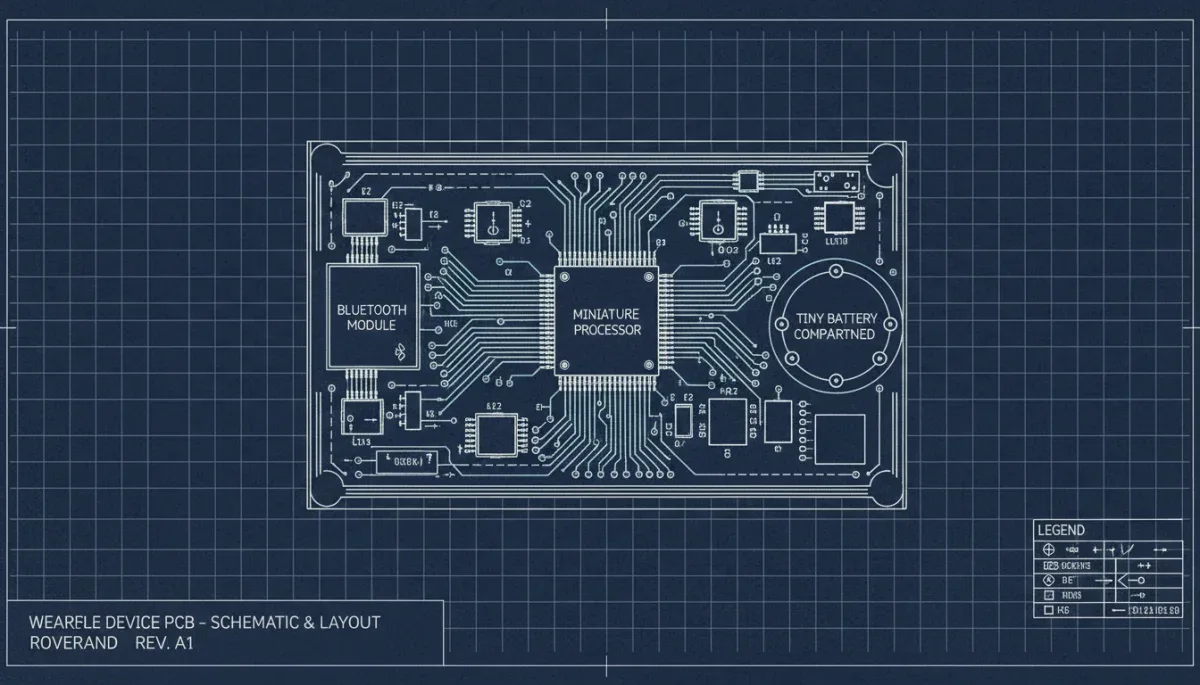 Esquema técnico dos componentes internos e circuitos integrados do smartwatch WatchPad da IBM.
