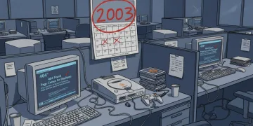 Ilustração de escritório de tecnologia em 2003 com telas de erro e console Dreamcast.