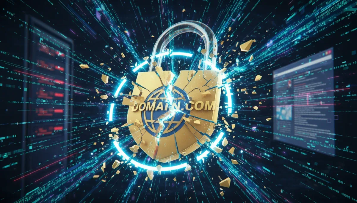 Cadeado digital dourado se rompendo com fluxos de dados e código binário.