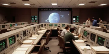 Sala de controle antiga da NASA em 1989 com monitores antigos e manuais de papel.