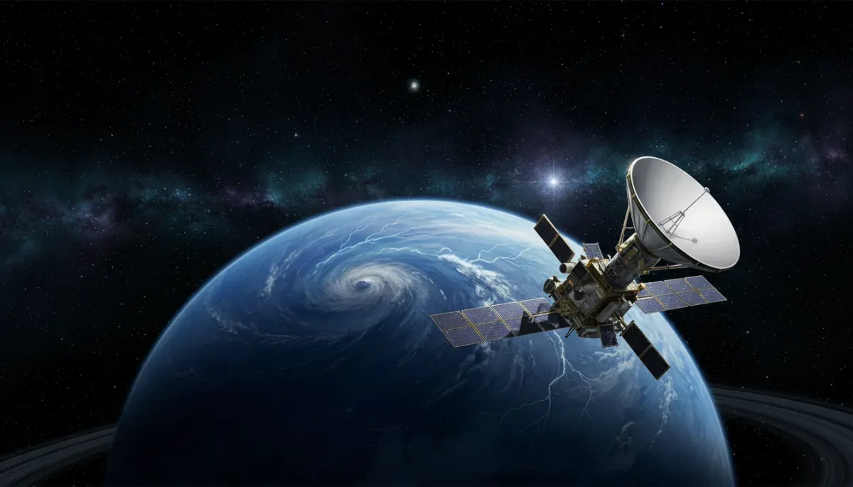 Ilustração da sonda Voyager 2 sobrevoando o planeta azul Netuno no espaço profundo.