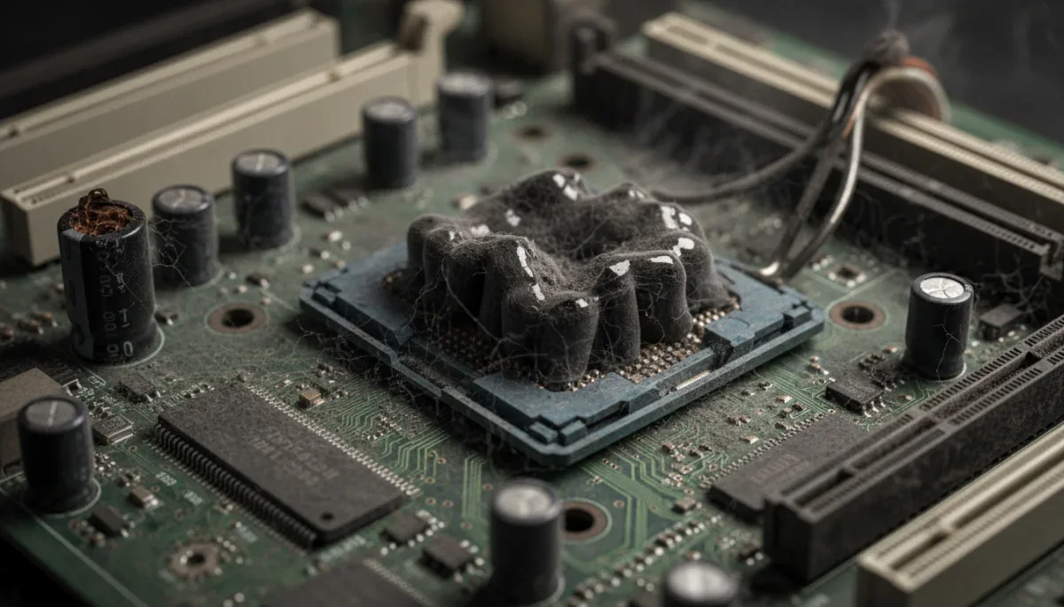 Placa-mãe antiga de 1996 com o socket do processador visivelmente derretido e danificado pelo calor extremo.