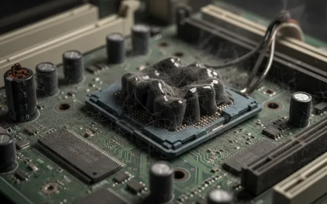 Placa-mãe antiga de 1996 com o socket do processador visivelmente derretido e danificado pelo calor extremo.