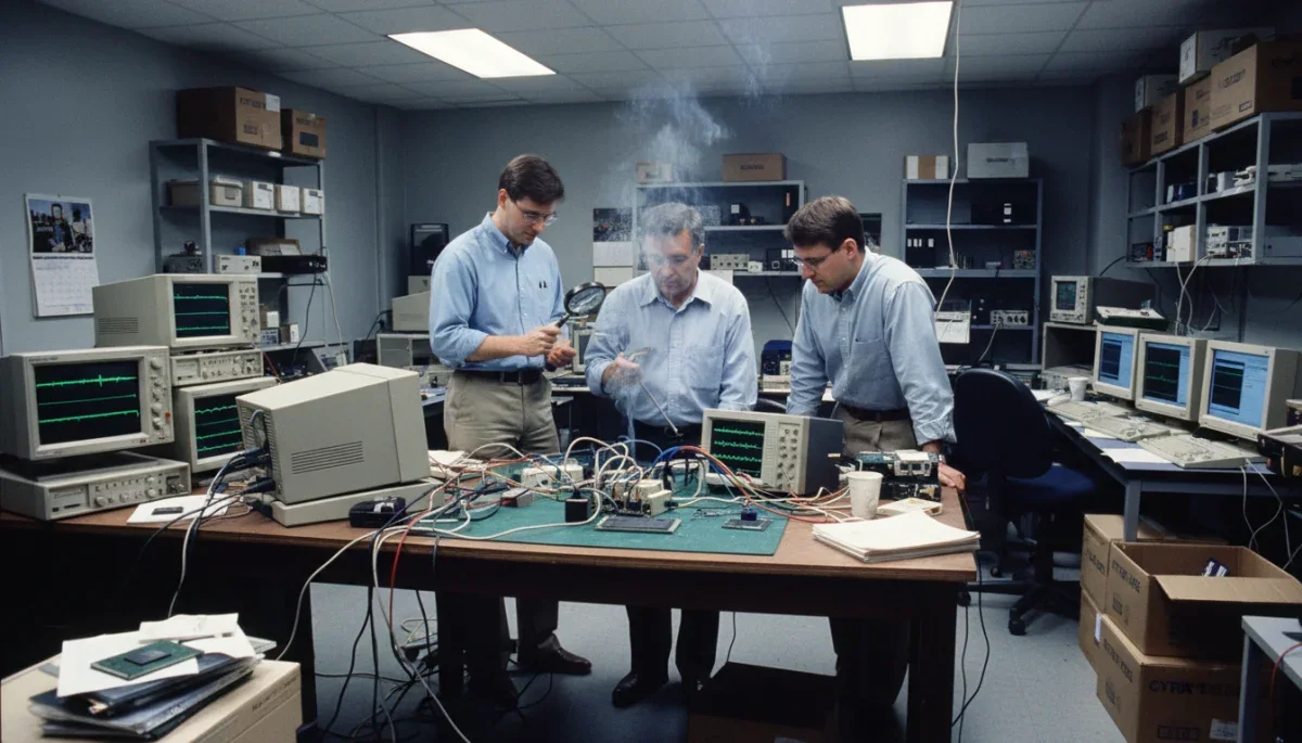 Engenheiros de hardware em um laboratório de 1996 analisando um protótipo de processador superaquecido.