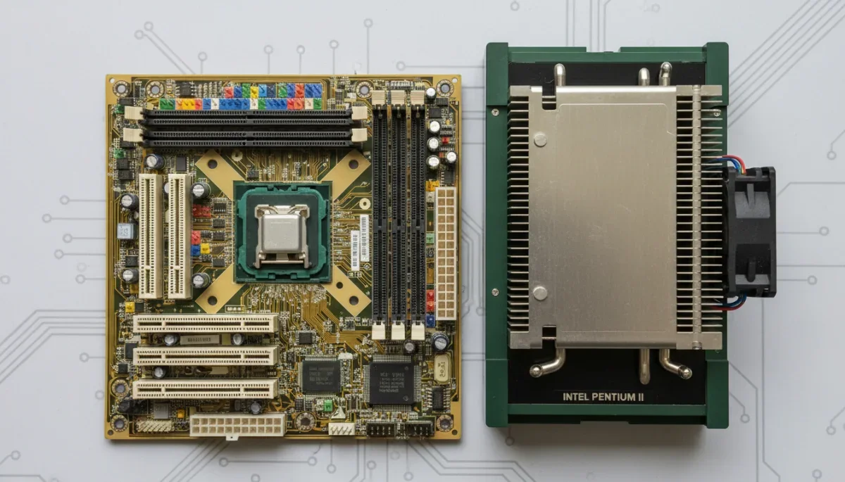 Comparação física entre um socket tradicional de placa-mãe antiga e o enorme cartucho Slot 1 do Pentium II.