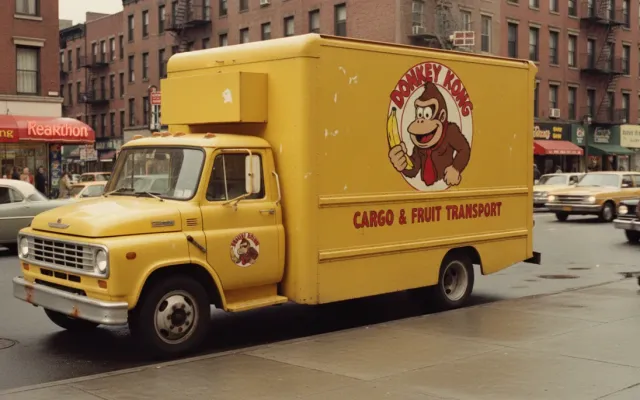 Caminhão de transporte amarelo dos anos 80 com pintura do Donkey Kong na lateral.