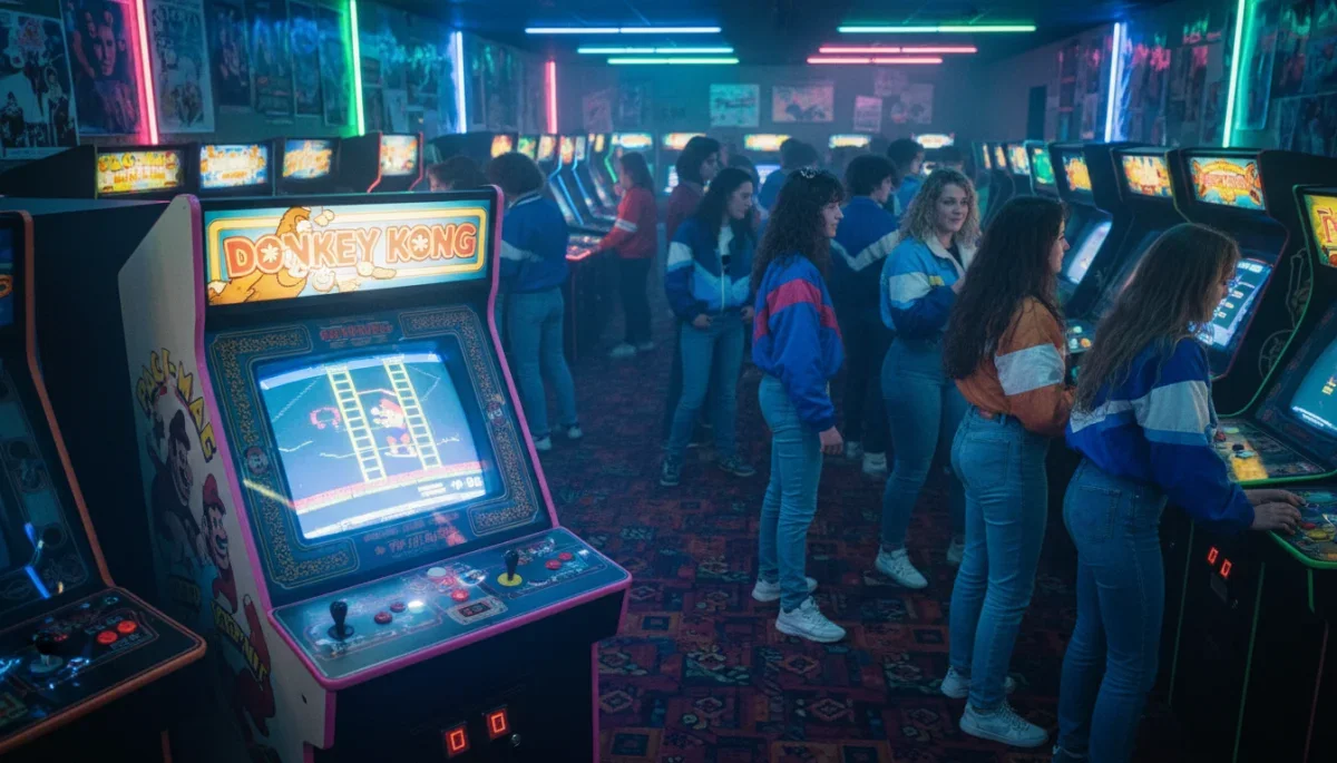 Fliperama clássico dos anos 80 com jovens jogando o arcade original do Donkey Kong.