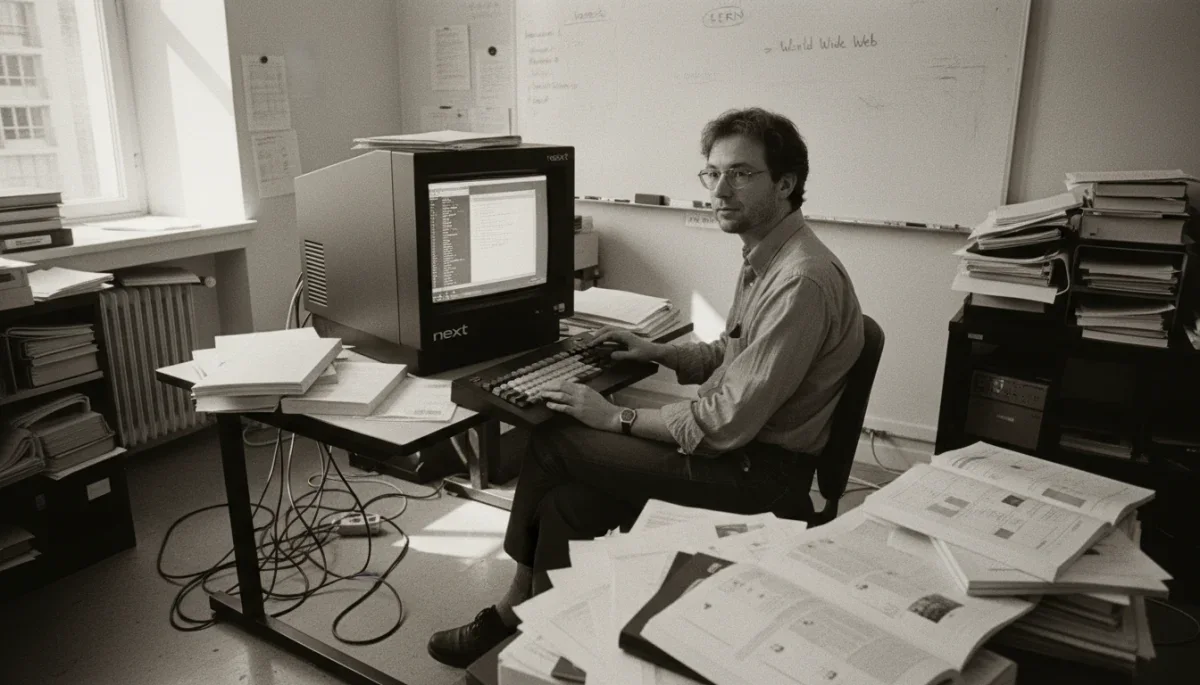 Tim Berners-Lee em seu escritório no CERN na década de 1990.