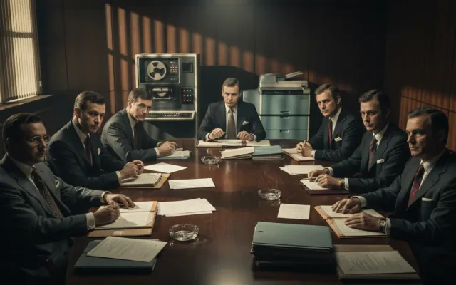Executivos reunidos em sala de reunião corporativa da década de 1970 representando as negociações entre IBM e Xerox.