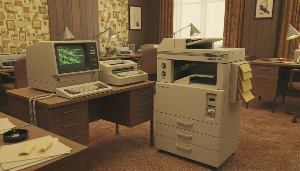 Terminal de computador antigo da década de 1970 ao lado de uma copiadora clássica da Xerox.