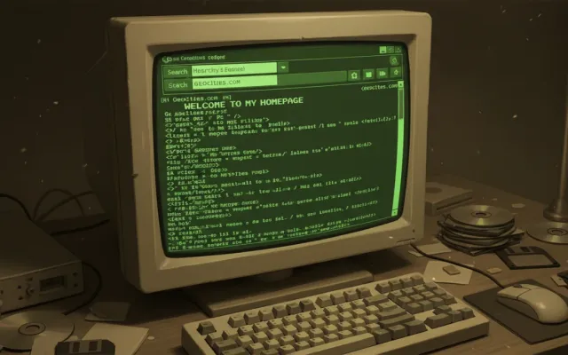 Monitor de computador vintage exibindo interface clássica de navegador dos anos 90 e linhas de programação.