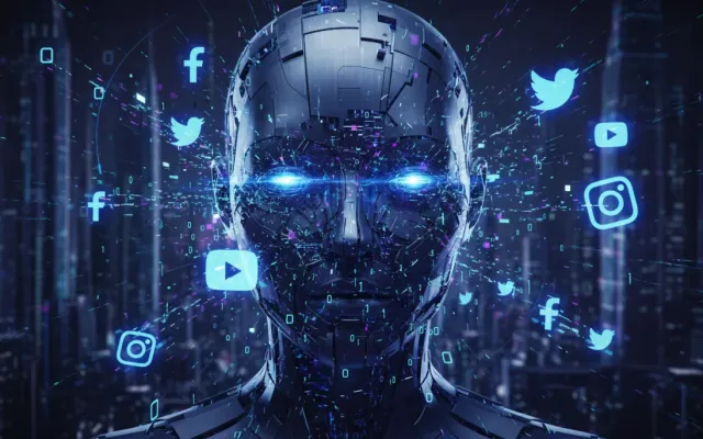 Ilustração conceitual de uma cabeça de robô de inteligência artificial com falhas digitais e ícones do Twitter flutuando ao redor