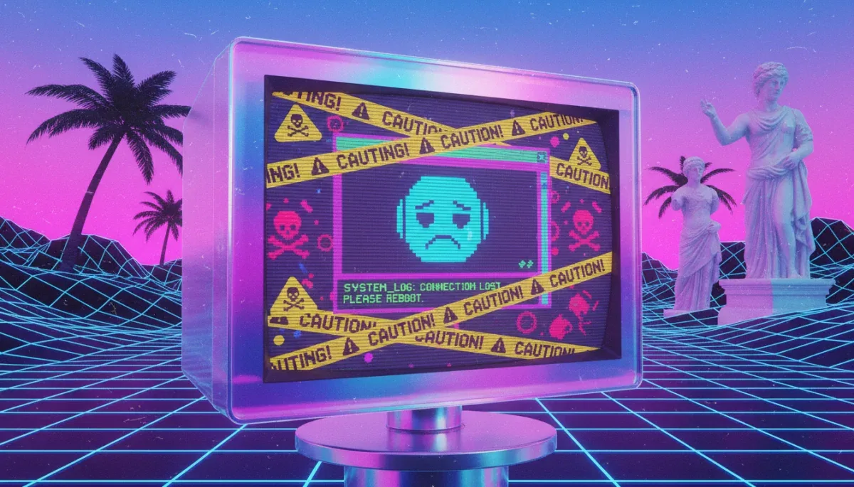 Tela de computador antiga exibindo um rosto de robô triste com faixas de isolamento e avisos de perigo