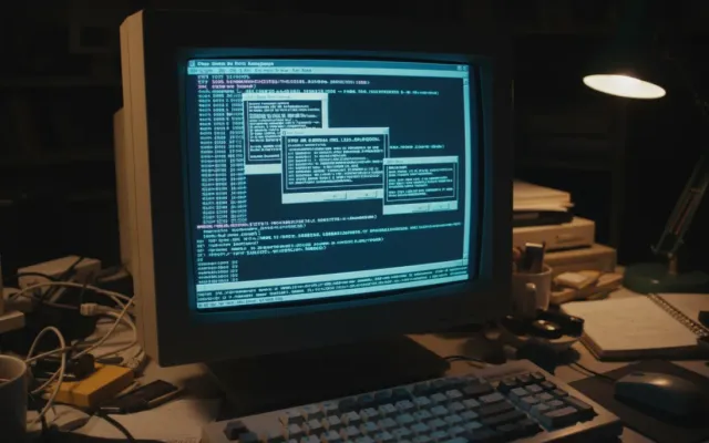 Tela de computador antigo dos anos 90 exibindo código de programação do Windows