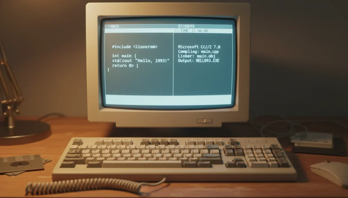 Monitor CRT clássico exibindo linhas de programação em C da década de noventa