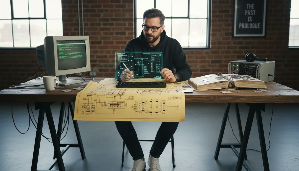 Desenvolvedor analisando arquivos históricos de código fonte e arquitetura de software