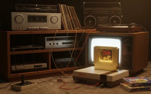 Cartucho dourado de Zelda original para o console Nintendo Entertainment System em exibição vintage