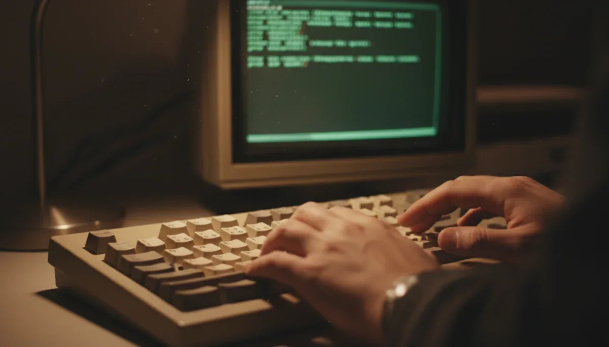 Mãos sobre teclado mecânico antigo digitando comandos em um terminal de computador retrô.