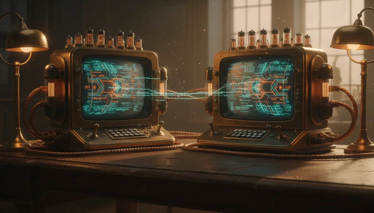 Dois terminais de computador trocando códigos complexos em tela antiga.