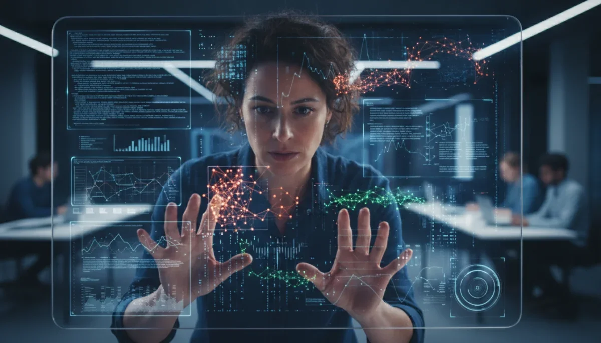 Cientista analisando mapas de redes neurais e dados de linguagem computacional.