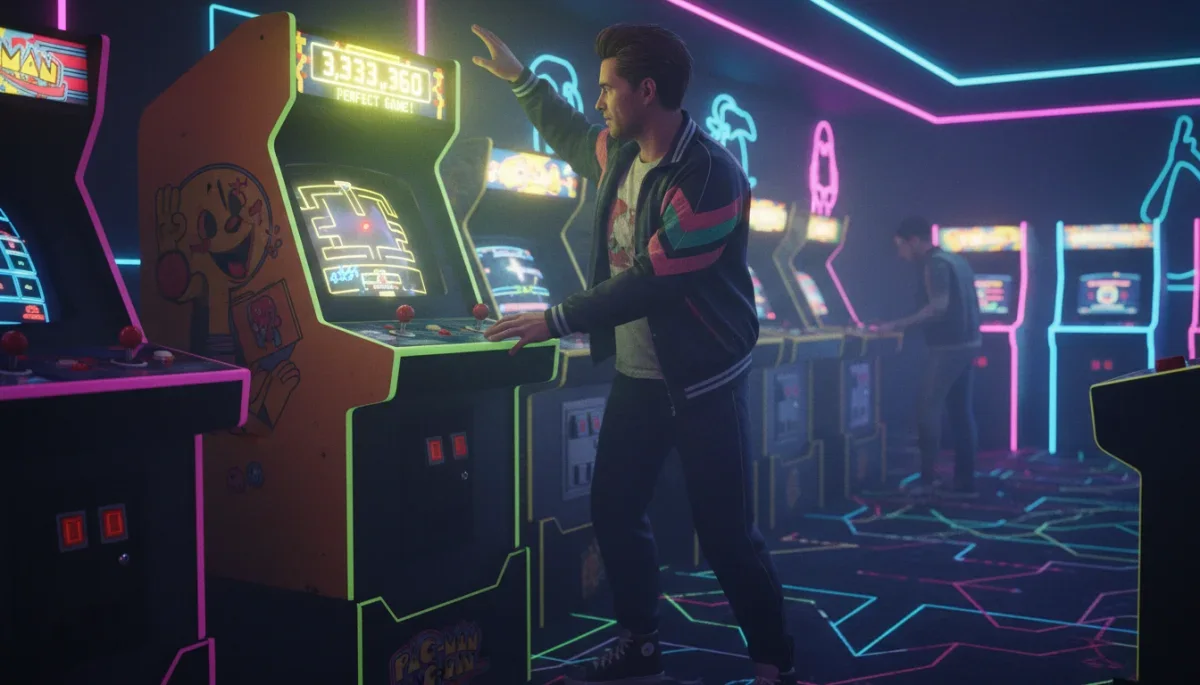 Jogador clássico de fliperama alcançando a pontuação máxima histórica em um torneio de jogos retrô.