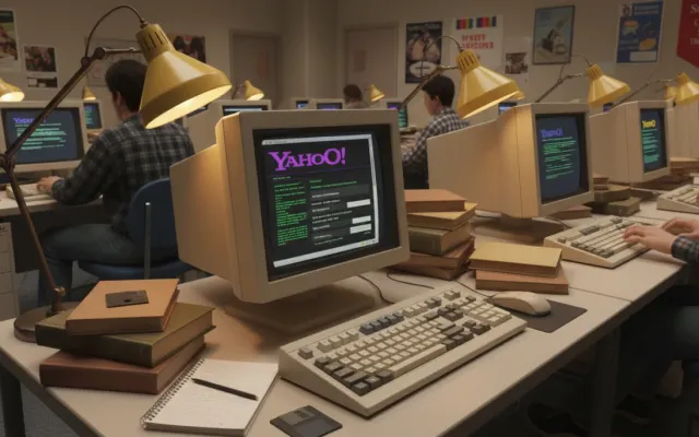 Computador antigo com monitor CRT exibindo linhas de código dos primórdios do portal Yahoo em 1996