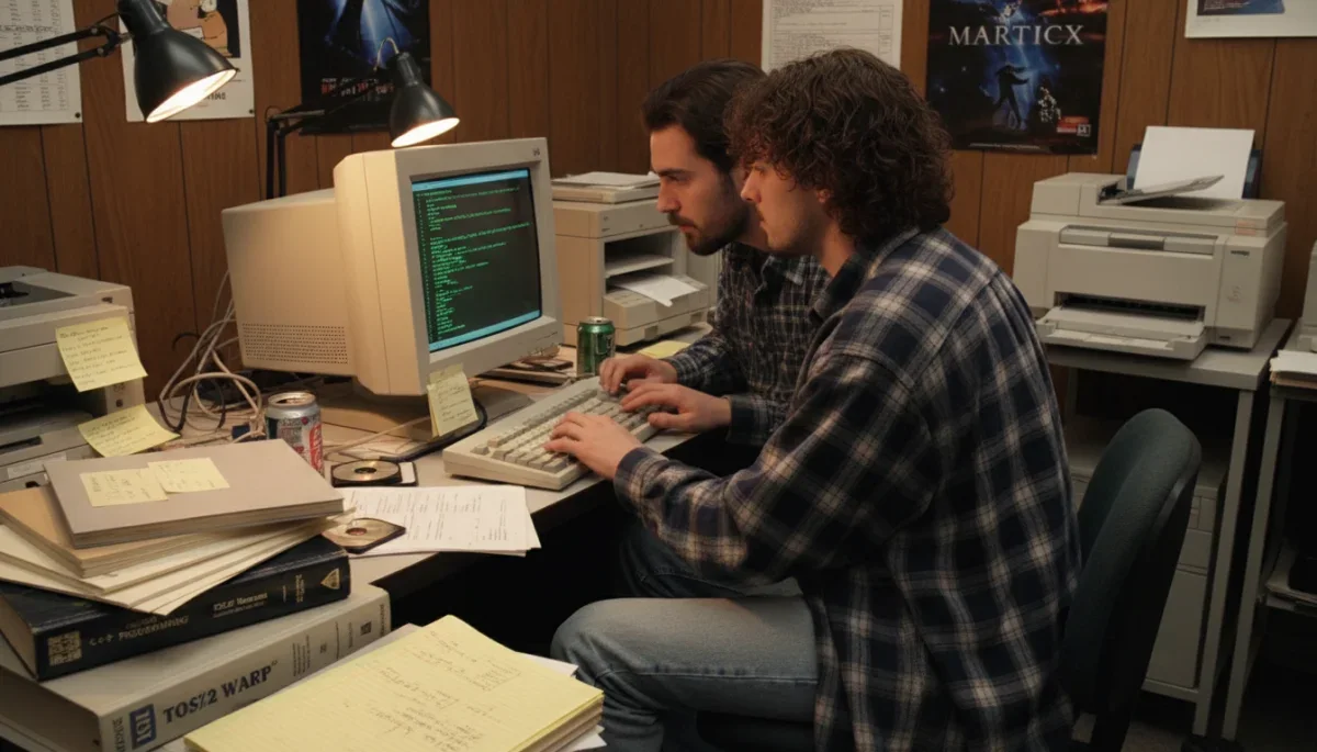 Engenheiros de software trabalhando em estação de trabalho vintage dos anos 1990