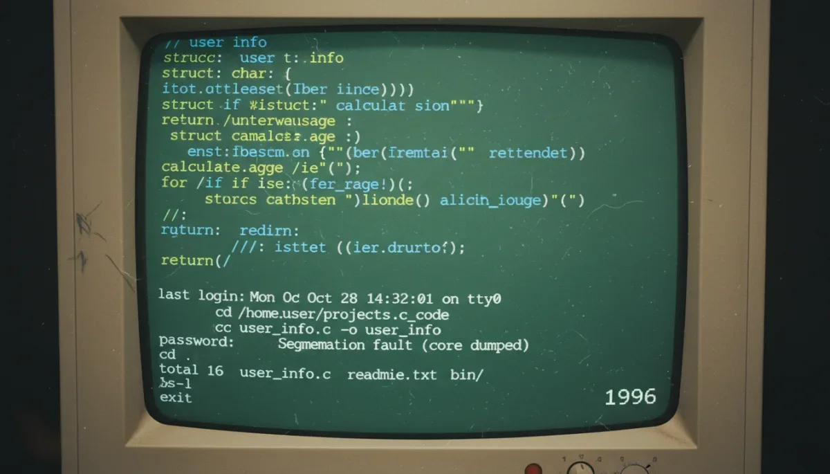 Tela de terminal UNIX clássico exibindo scripts e linhas de programação C