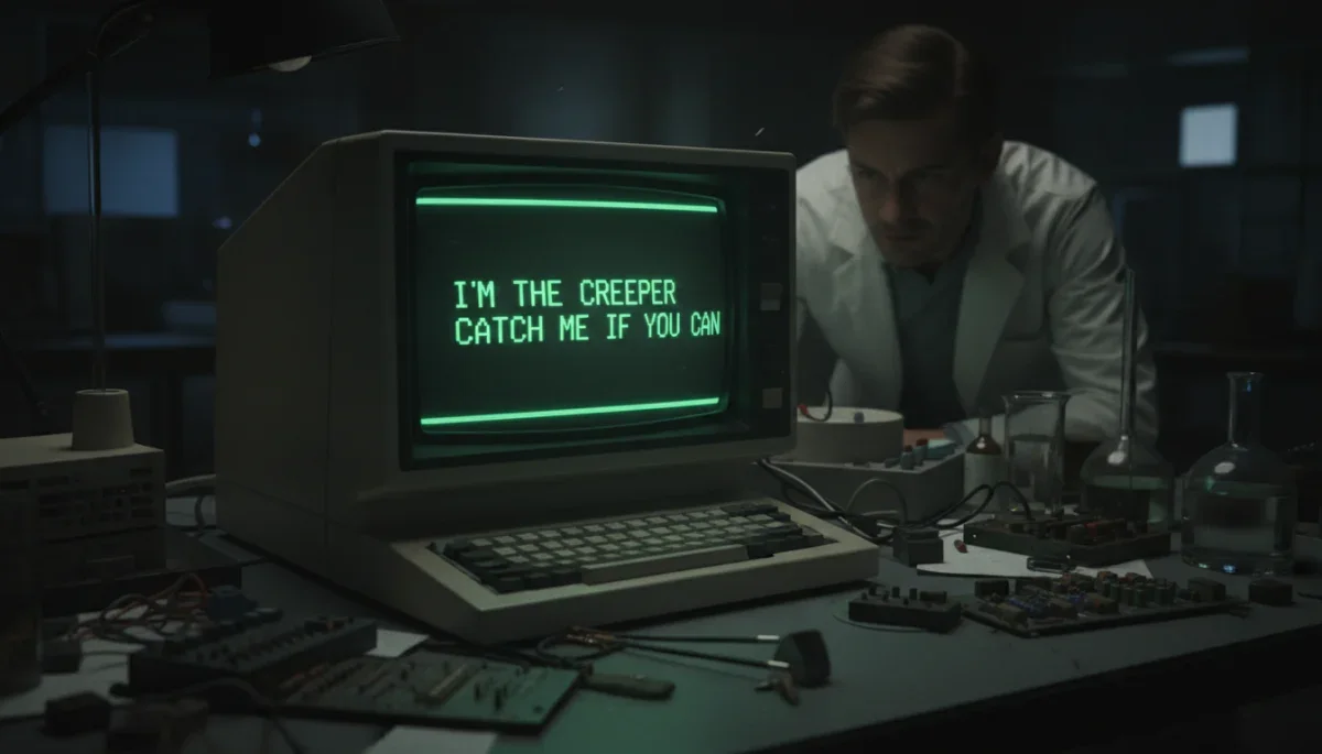 Terminal de computador antigo exibindo a mensagem do vírus Creeper na ARPANET em 1971