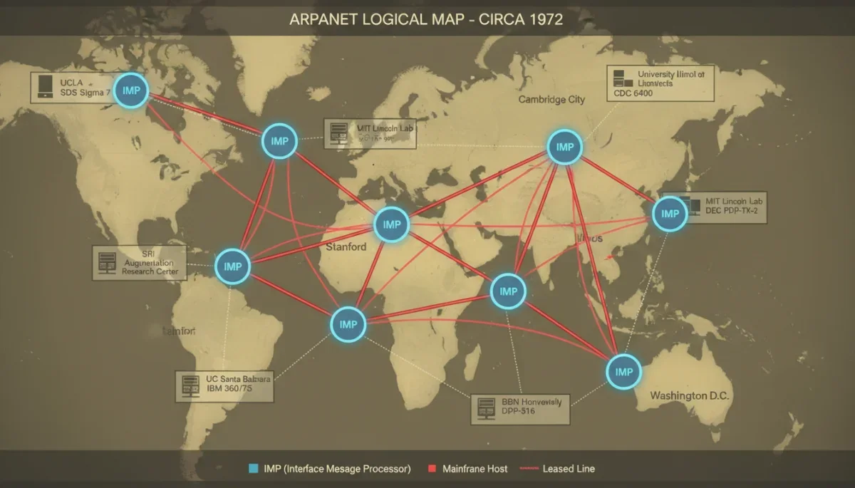 Diagrama conceitual da rede ARPANET conectando computadores na década de 1970