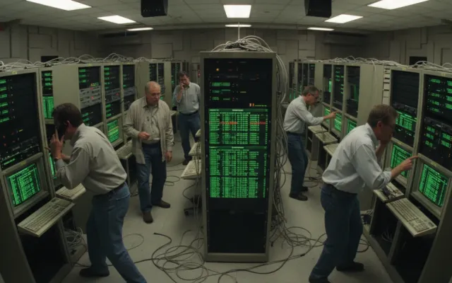 Sala de servidores de tecnologia bancária com telas exibindo códigos e relógio digital Unix