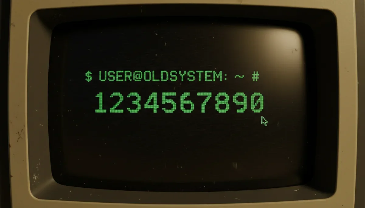 Terminal de computador antigo mostrando a marca numérica de tempo Unix 1234567890