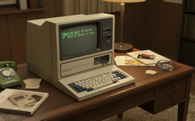 Computador clássico Commodore PET 2001 com monitor integrado e teclado chiclete minúsculo