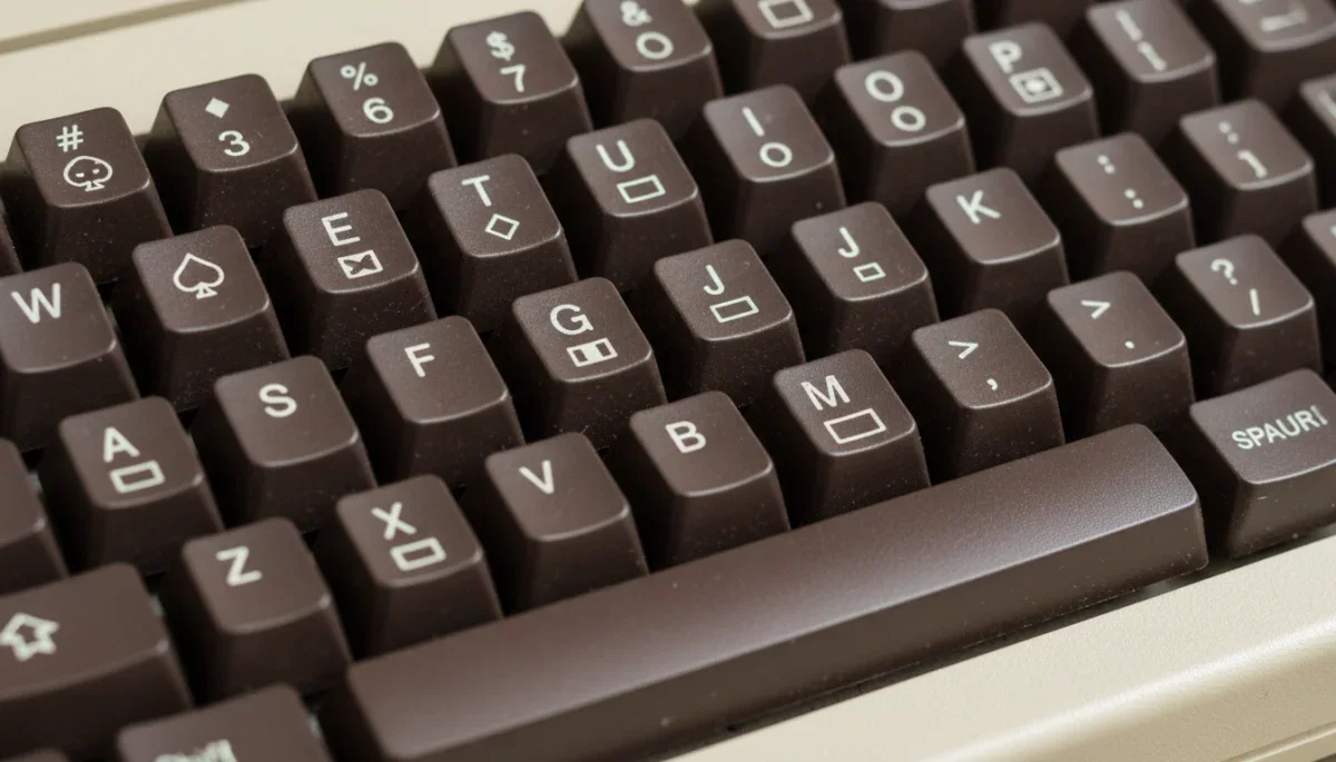 Detalhe em close do teclado estilo chiclete com símbolos gráficos do Commodore PET 2001