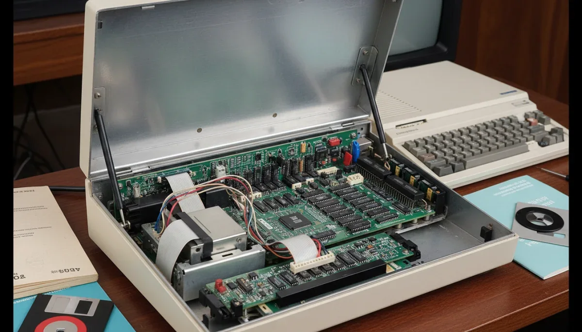 Chassi metálico do Commodore PET 2001 aberto mostrando a placa-mãe interna