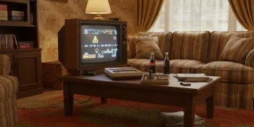 Console Atari 5200 e seu clássico controle analógico sobre uma mesa de madeira nos anos 1980.