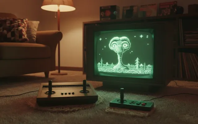 Console Atari 2600 clássico conectado a uma televisão de tubo retrô exibindo gráficos em pixel art.