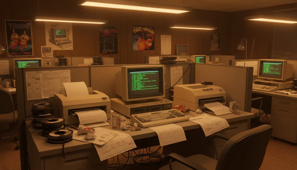 Mesa de trabalho de programação dos anos 80 com monitores de tubo e listagens de código em papel contínuo.