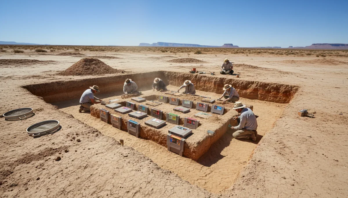 Escavação arqueológica no deserto revelando cartuchos enterrados de videogame clássico.