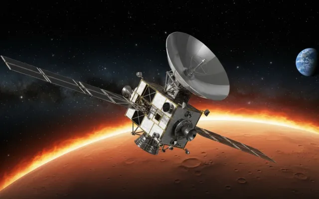 Ilustração 3D da sonda Mars Climate Orbiter se aproximando da atmosfera do planeta Marte