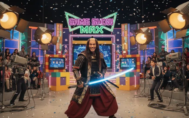 John Romero caracterizado com peruca de samurai em set de filmagem nos anos 90