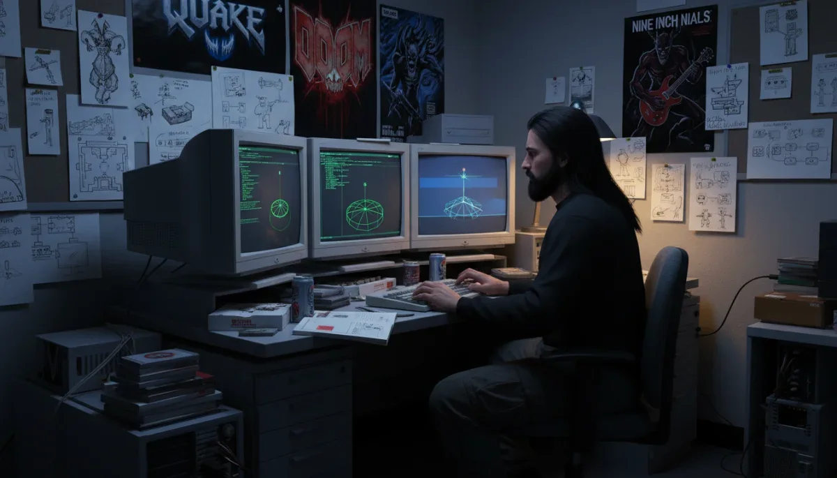 John Romero no escritório da Ion Storm no final dos anos 1990