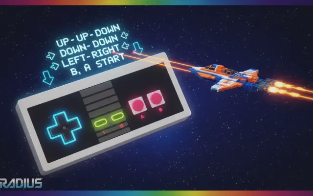 Controle retrô clássico com setas iluminadas representando a sequência do Konami Code sobre fundo espacial inspirado em Gradius.